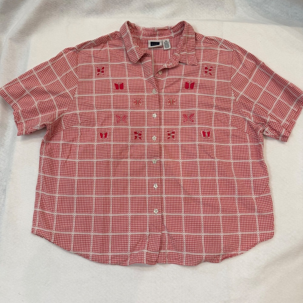 Vintage C.S.T. Sport Red Gingham Butterfly Embroidered Button Down Shirt Cottage